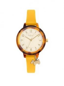 Image of Radley Silver Sunray And Tortoise Shell With Dog Charm Dial Orange Strap Ladies Watch