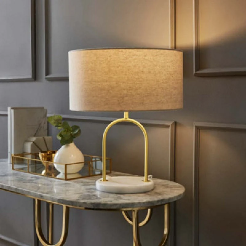 Image of ValueLights ValueLights Rachel Brushed Gold Arch Marble Base Table Lamp with Natural Shade in Off White Off White One Size Unisex 5016529271697