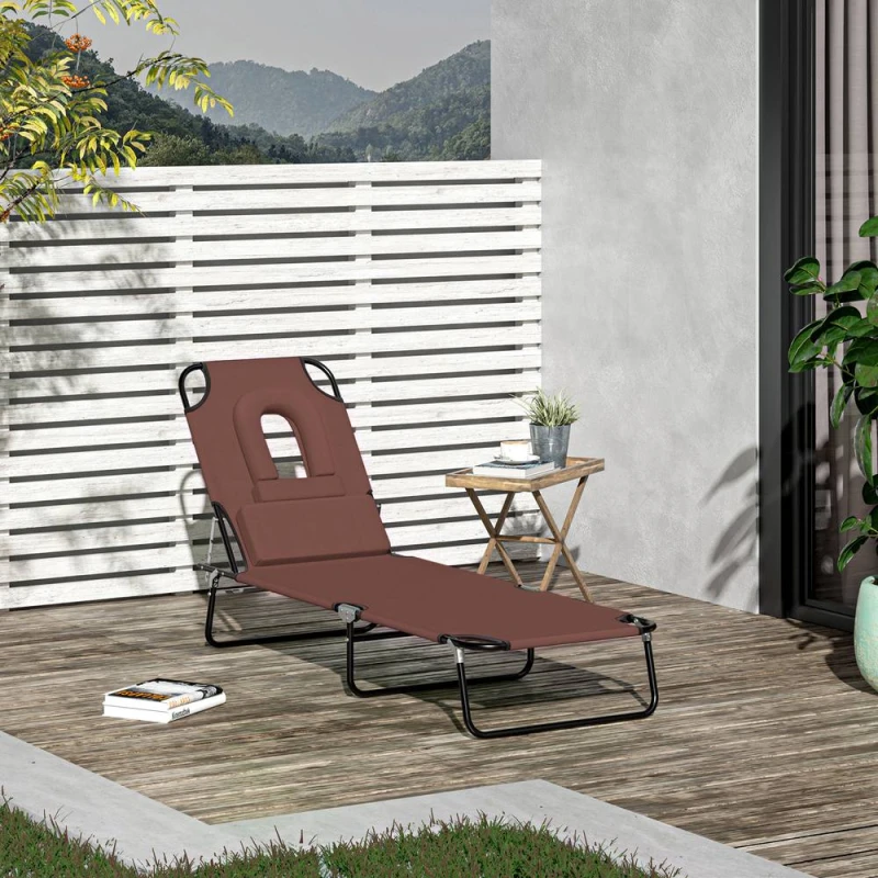 Image of Outsunny Folding Sun Lounger Reclining Chair w/ Pillow Reading Hole Brown