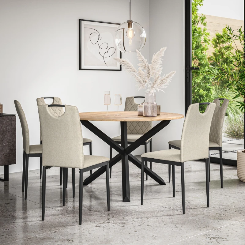 Image of More4Homes Malvern Round Dining Table And Chairs - Oak Table Top W Solid Oak Black Legs + Monza Fabric Dining Chair Set Of 6 (Beige)