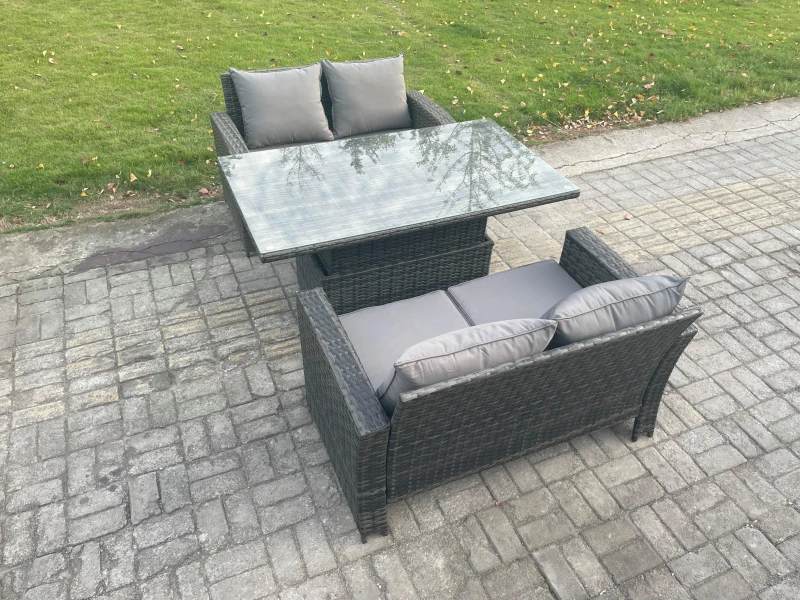 Image of Fimous 3 Pieces Garden Furniture Sets Poly Rattan Outdoor Patio Height Adjustable Rising Lifting Table Sofa Dining Set in Dark Grey Dark Grey Unisex