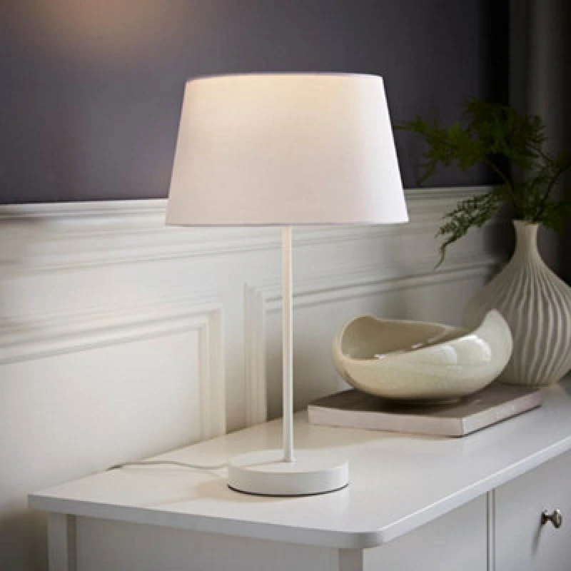 Image of ValueLights Charlie White Metal Single Stem Table Lamp with Fabric Tapered Lamp Shade White