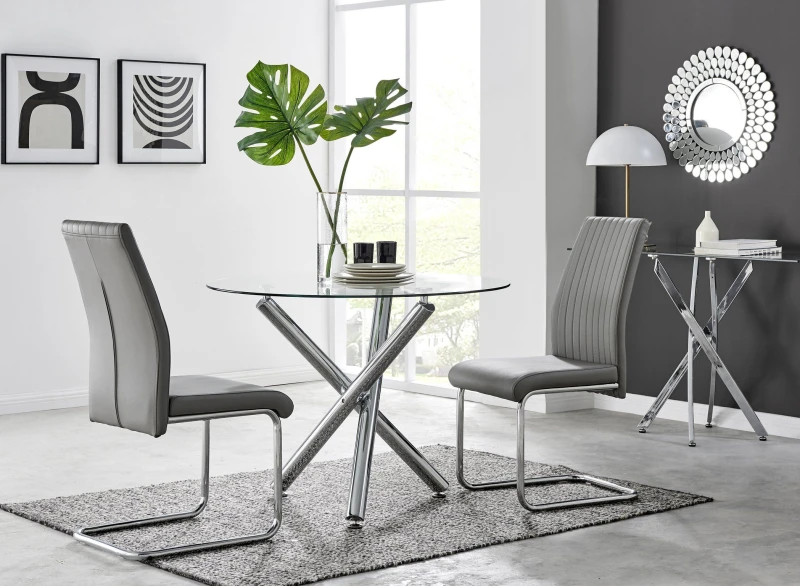 Image of FurnitureboxUK FurnitureboxUK Selina Round Glass And Chrome Metal Dining Table And Lorenzo Chairs Set in Grey Size: 4 Person Grey 4 Person Unisex 50