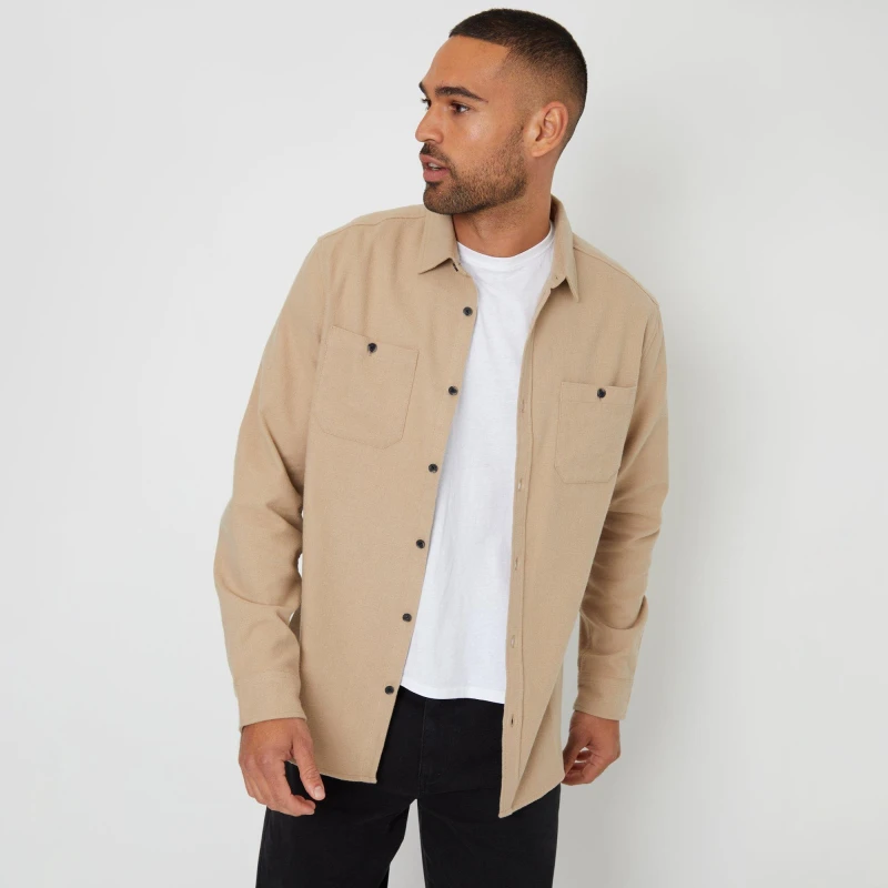 Image of Threadbare 'Barnfied' Brushed Cotton Flannel Long Sleeve Shirt Stone