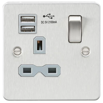 Image of KnightsBridge Flat plate 13A 1G switched socket with dual USB charger (2.1A) - brushed chrome with grey insert