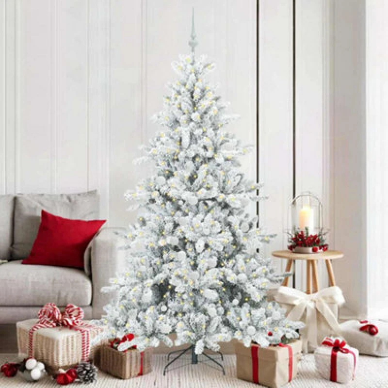 Image of vidaXL Artificial Hinged Christmas Tree with 300 LEDs, White Balls Snow Flocked 180cm PVC, Green 3397721