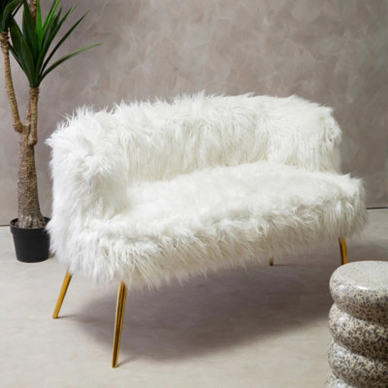 Image of Orsina Natural Faux Fur Sofa With Gold Legs, Contemporary White Fur Effect Upholstered Couch, Luxe Accent Seating
