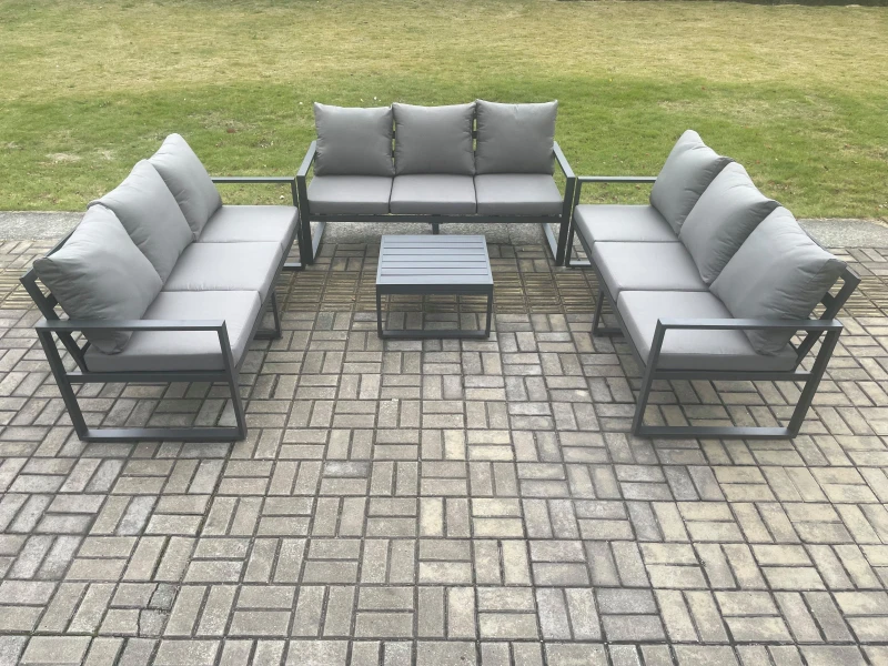 Image of Fimous Aluminium 9 Seater Outdoor Garden Furniture Set Patio Lounge Sofa with Square Coffee Table Conservatory Set Dark Grey Dark Grey Unisex