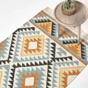 Image of Homescapes - Agra Handwoven Ochre Gold, Silver Grey and Black Diamond Pattern Kilim Wool Rug, 160 x 230cm - Multi Colour