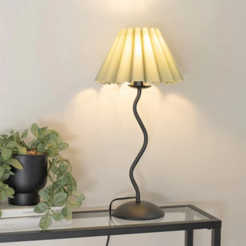 Image of ValueLights Wiggle Black Metal Single Stem Table Lamp with Scallop Tapered Lamp Shade Pale Green
