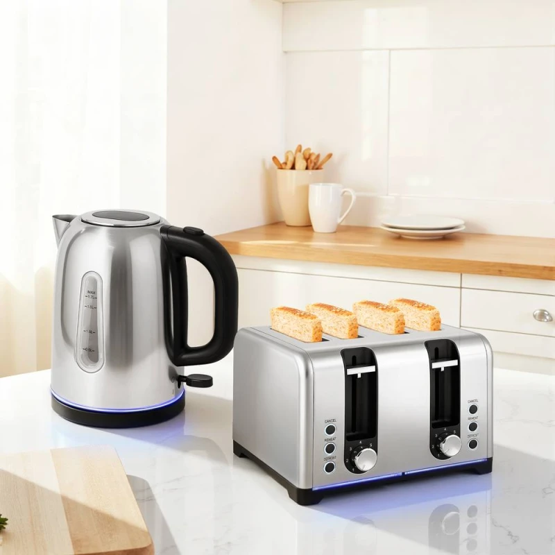 Image of HOMCOM 4 Slice Wide Slot Toaster & 1.7L Rapid Boil Kettle Set, Silver Tone Size: 2 Pack Silver Unisex 2 Pack