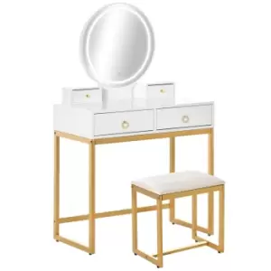 Image of Makeup Vanity Table Set with 3-Color Touch Screen Dimmable Lighted Mirror - Dressing Desk with 4 Drawers and Cushioned Stool for Bedroom - White With