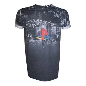 Image of Sony Playstation Logo With Japanese Text Mens Polyester/Cotton T-Shirt - Dark Grey