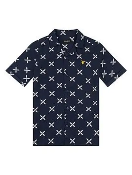 Image of Lyle & Scott Boys All Over Print Resort Short Sleeve Shirt - Navy, Size 7-8 Years Navy VCT2A Unisex 7-8 YEARS