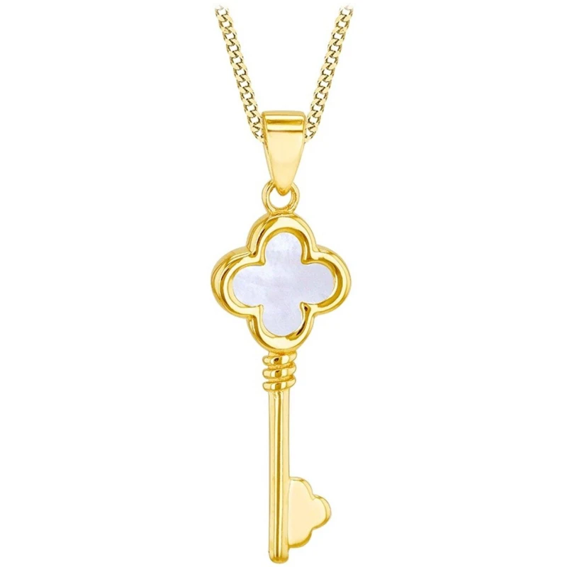 Image of Be You 9ct Gold Mother of Pearl Clover Key Necklace Yellow Gold female 18in