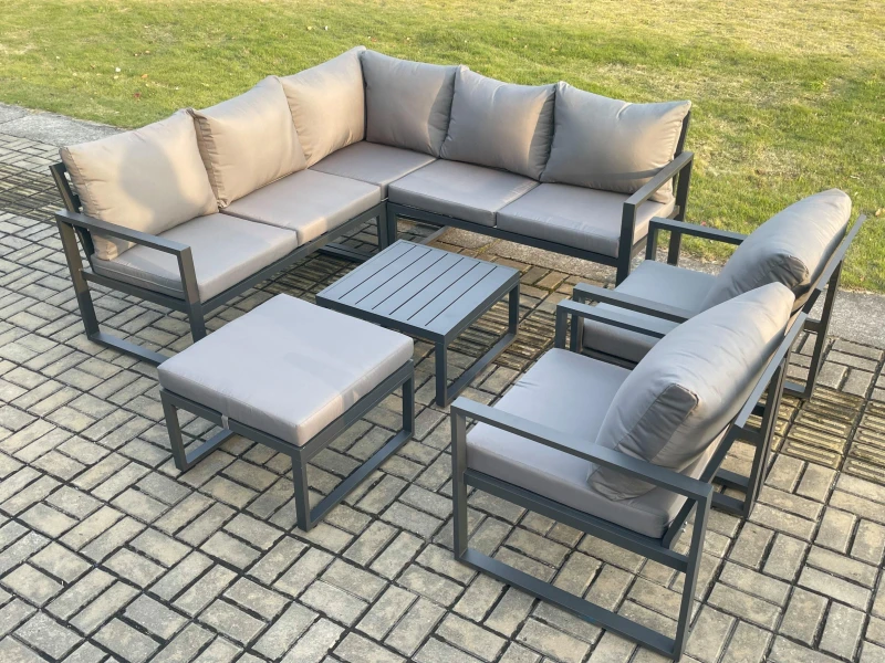 Image of Fimous Outdoor Garden Furniture Set Aluminium Lounge Sofa Square Coffee Table Sets with 2 Pcs Chair Big Footstool Indoor Conservatory Set Dark Grey Da