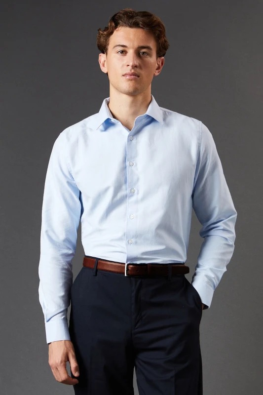 Image of Burton Mens Light Blue Easy Iron Oxford Slim Fit Long Sleeve Shirt Light Blue 17.5 in Male BBB05257