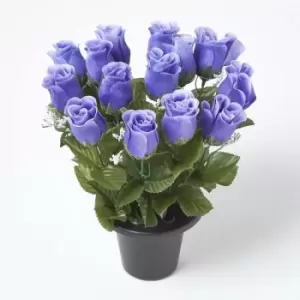 Image of Homescapes - Artificial Violet Rosebuds with Gypsophila in Grave Vase - Blue Violet