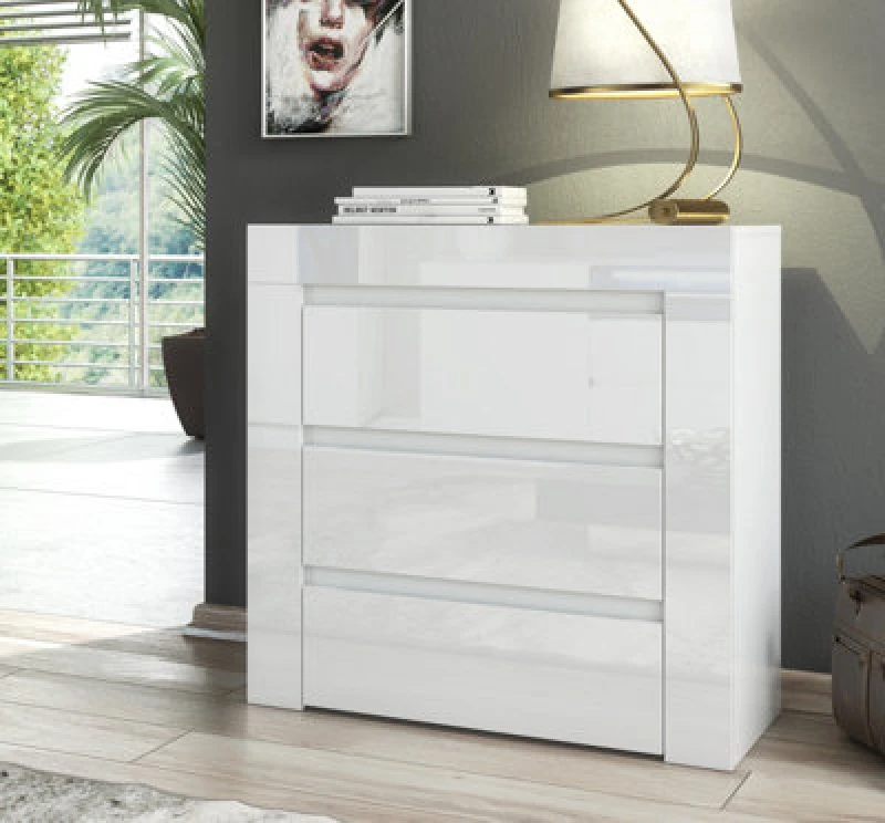 Image of Furneo Modern White 3 Drawer Chest Of Drawers Cabinet Storage Matt & High Gloss Clifton 15