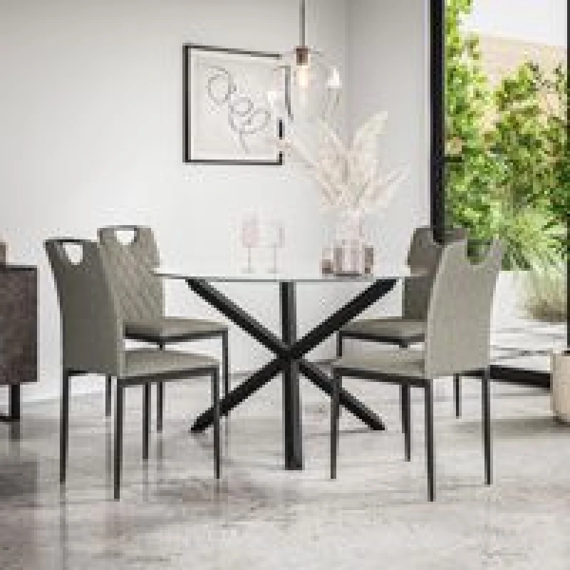 Image of More4Homes Malvern Round Dining Table And Chairs - Clear Glass Table Top W Solid Oak Black Legs + Monza Fabric Dining Chair Set Of 4 (Grey)
