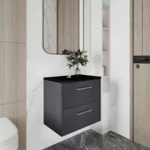 Image of Hudson Reed Juno Wall Hung 2-Drawer Vanity Unit with Sparkling Black Worktop 600mm Wide - Graphite Grey