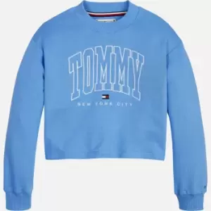 Image of Tommy Hilfiger Girls Bold Varsity Cropped Crew Sweatshirt - Blue Crush - 7 Years