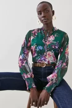 Image of Floral Shirred Detail Woven Blouse