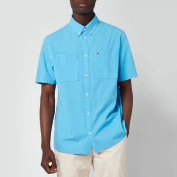 Image of Tommy Jeans Mens Regular Solid Short Sleeve Shirt - Frigid Blue - L