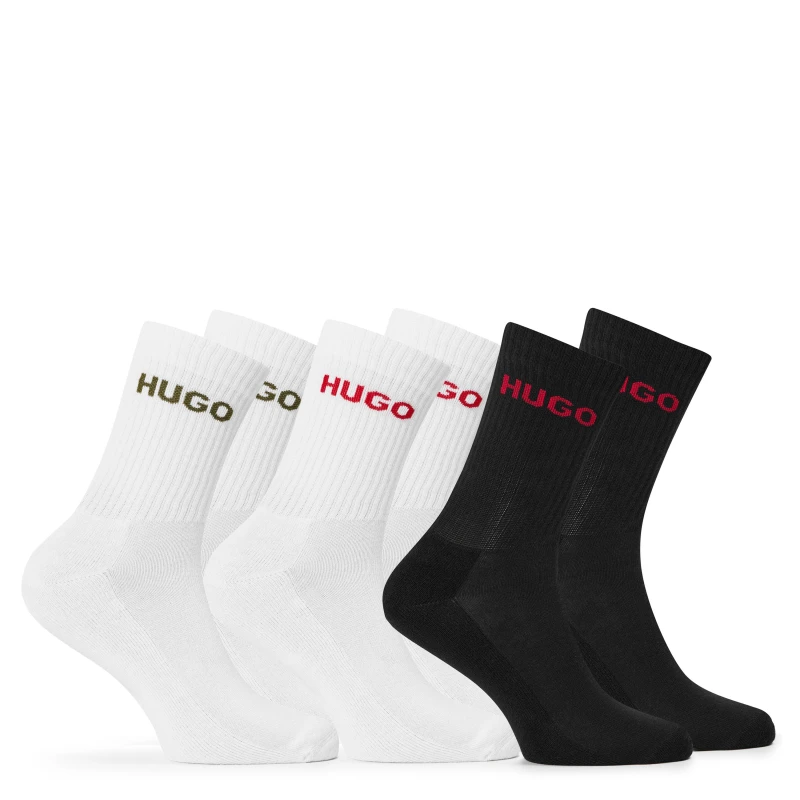 Image of Hugo Mens Ribbed Logo 6-Pack Crew Socks Black/White male Mens 6-12