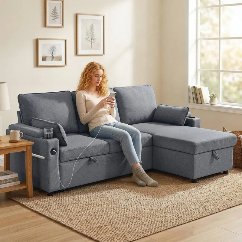 Image of HOMCOM Corner Sofa Bed, L Shaped Sofa with Storage Chaise, USB Ports in Grey Size: 3 Seater Grey Unisex 3 Seater