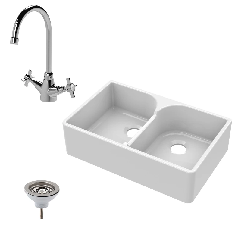 Image of Balterley Fireclay 2 Bowl Stepped Weir Butler Sink Mono Sink Mixer Waste 795mm White