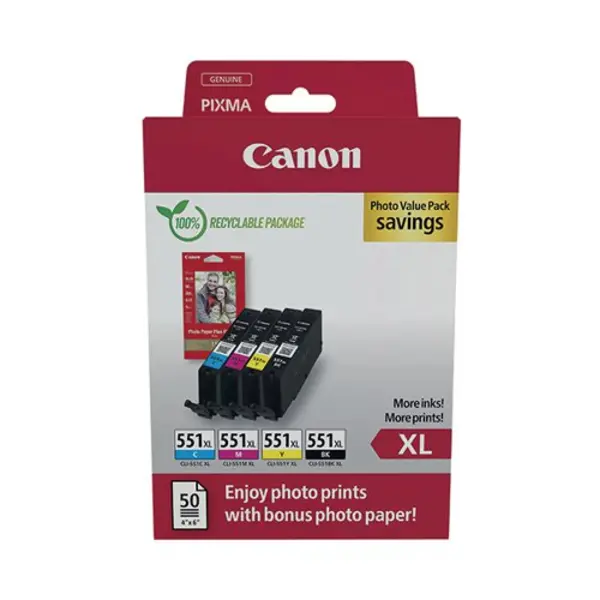 Image of Canon CLI-551XL Inkjet Cartridges + Glossy Photo Paper Value Pack High Yield CMYK 6443B008 6443B008