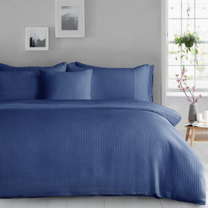 Image of Velosso Waffle Weave Duvet Cover Set - Textured Pillowcase, Button Enclosure in Navy Size: Double Navy Unisex Double