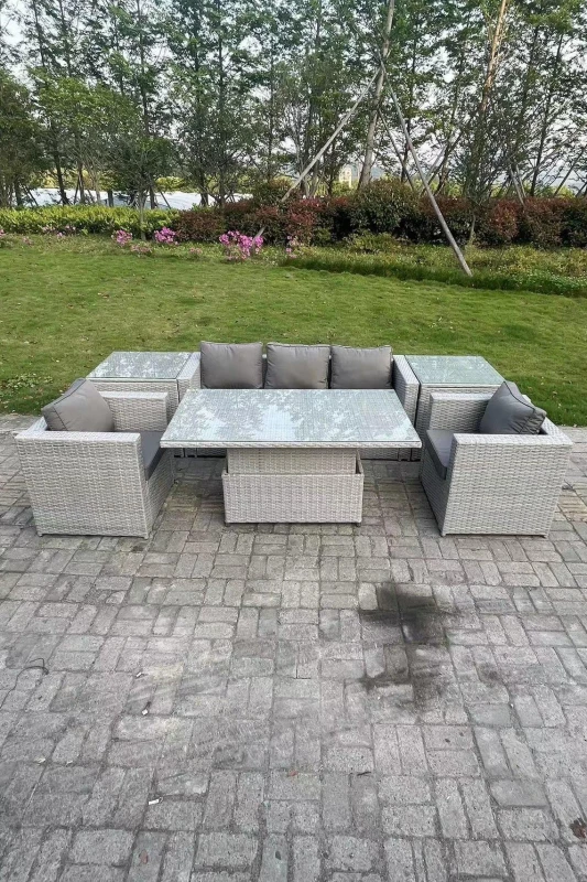 Image of Fimous Rattan Garden Funiture Set Adjustable Rising Lifting Table Sofa Dining Set With 2 Side Table Light Grey