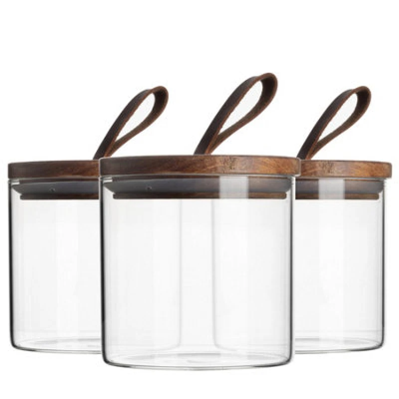 Image of Argon Tableware Scandi Storage Jar with Leather Loop Lid 550ml Pack of 3 Clear
