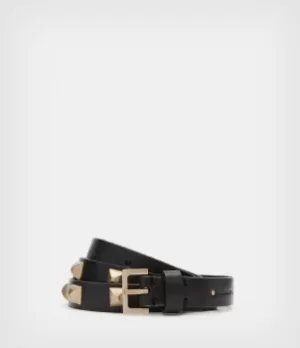 Image of AllSaints Womens Sonia Skinny Studded Leather Belt, Black/warm Brass, Size: M