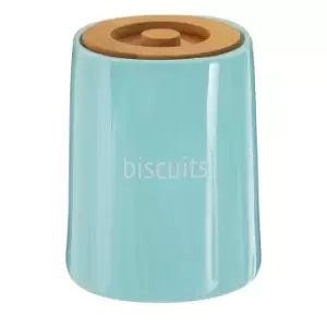 Image of Biscuit Canister in Blue Ceramic with Bamboo Lid