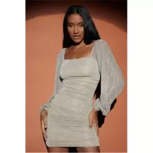 Image of I Saw It First Glitter Plisse Square Neck Puff Sleeve Ruched Bodycon Dress - Metallics