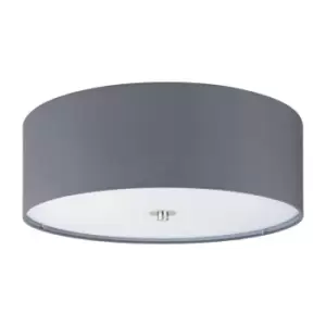 Image of Flush Ceiling Light Colour Satin Nickel Shade Grey Fabric Glass Bulb E27 3x60W