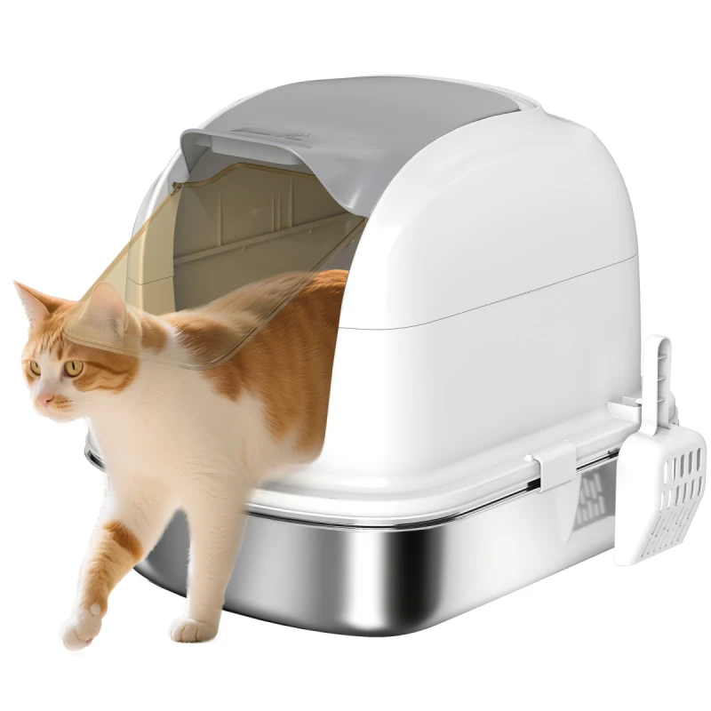 Image of PawHut PawHut Stainless Steel Cat Litter Tray with Lid