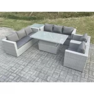 Image of Fimous 8 Seater Outdoor Rattan Dining Sofa Complete Set with Adjustable Table and Side Table