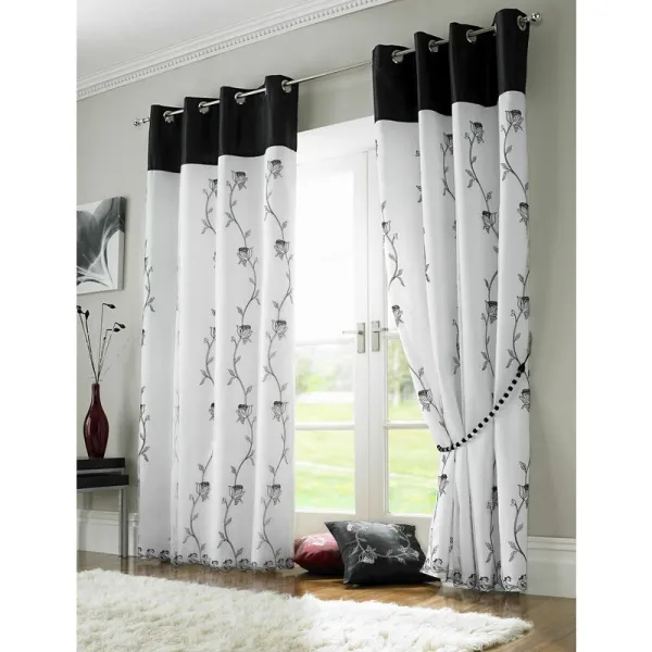 Image of Essential Living Tahiti Lined Voile Eyelet Ring Top Curtains Black/White 142cm x 183cm