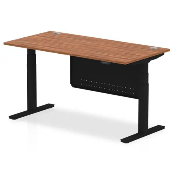 Image of Air 1600 x 800mm Height Adjustable Desk Walnut Top Cable Ports Black Leg With Black Steel Modesty Panel