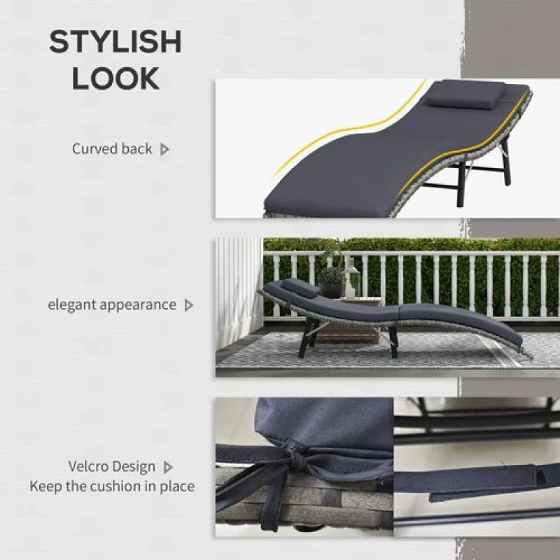Image of Outsunny Folding Rattan Sun Lounger Outdoor Chair with Cushion and Pillow Grey