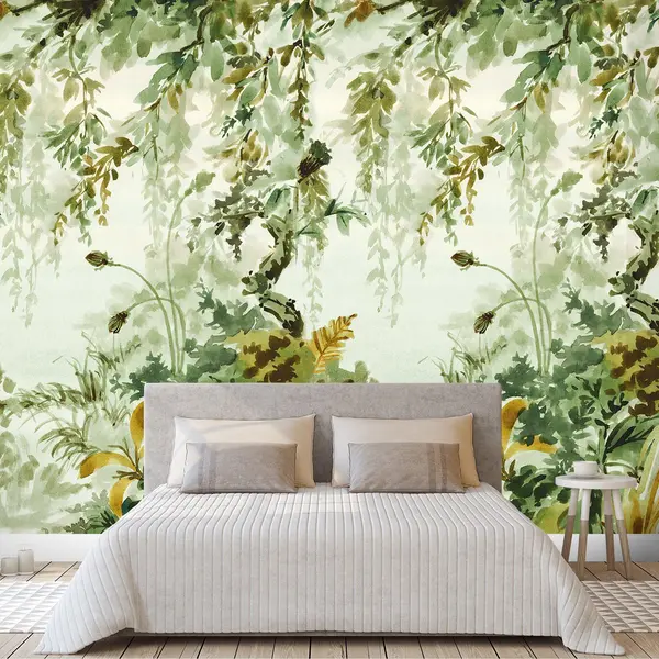 Image of Grandeco Naive Watercolour Jungle Repeatable Wallpaper Mural 159 x 280cm Green