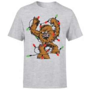 Image of Star Wars Christmas Chewbacca Tangled Fairy Lights Grey T-Shirt - M