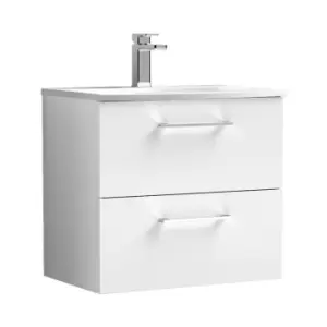 Image of Nuie Arno Gloss White 600mm Wall Hung 2 Drawer Vanity Unit with 30mm Curved Profile Basin - ARN124G - Gloss White