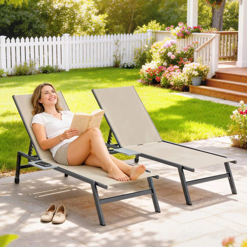 Image of OUTSUNNY Sun Loungers for Garden Set of 2 with Side Tray Table in Khaki Size: 190cm x 60cm Khaki Unisex 190cm x 60 cm