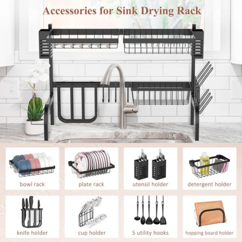 Image of Homcom Over The Sink Dish Drainer Rack, 2 Tier Dish Rack For Kitchen, Black 801-285V00BK