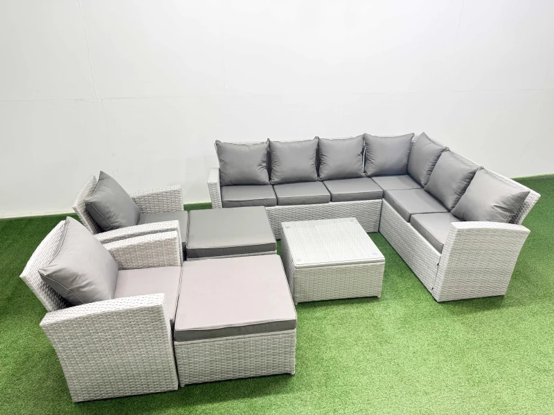 Image of Fimous Rattan Garden Outdoor Furniture Sets 10 Seater Rattan Garden Sofa Set in Light Grey Light Grey Unisex